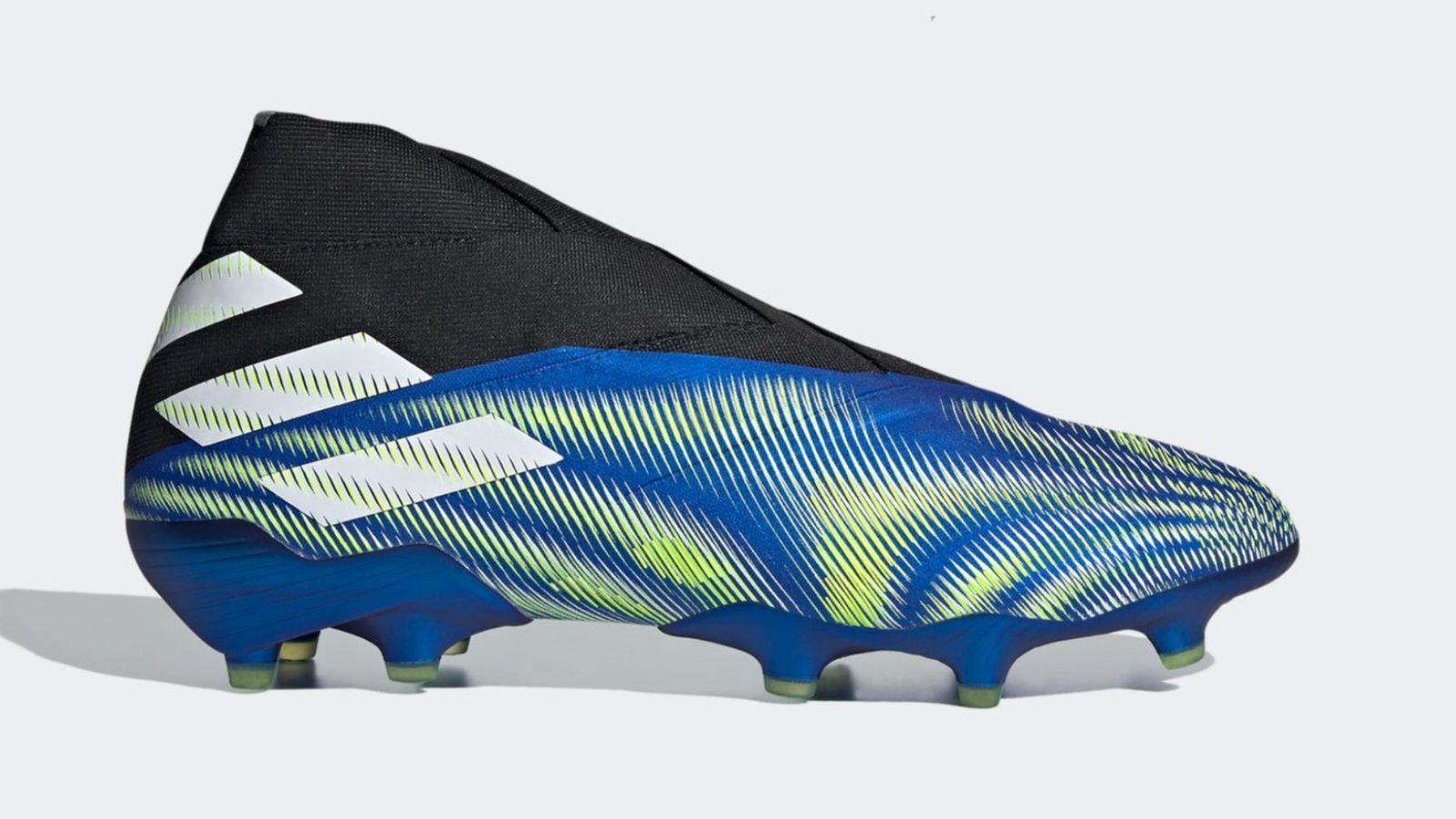 adidas Nemeziz 20+ product image of a laceless football boot with a blue and light yellow patterned upper with a black collar.