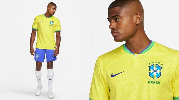 Brazil 2022 World Cup home kit product image of a yellow shirt with a green and blue collar.