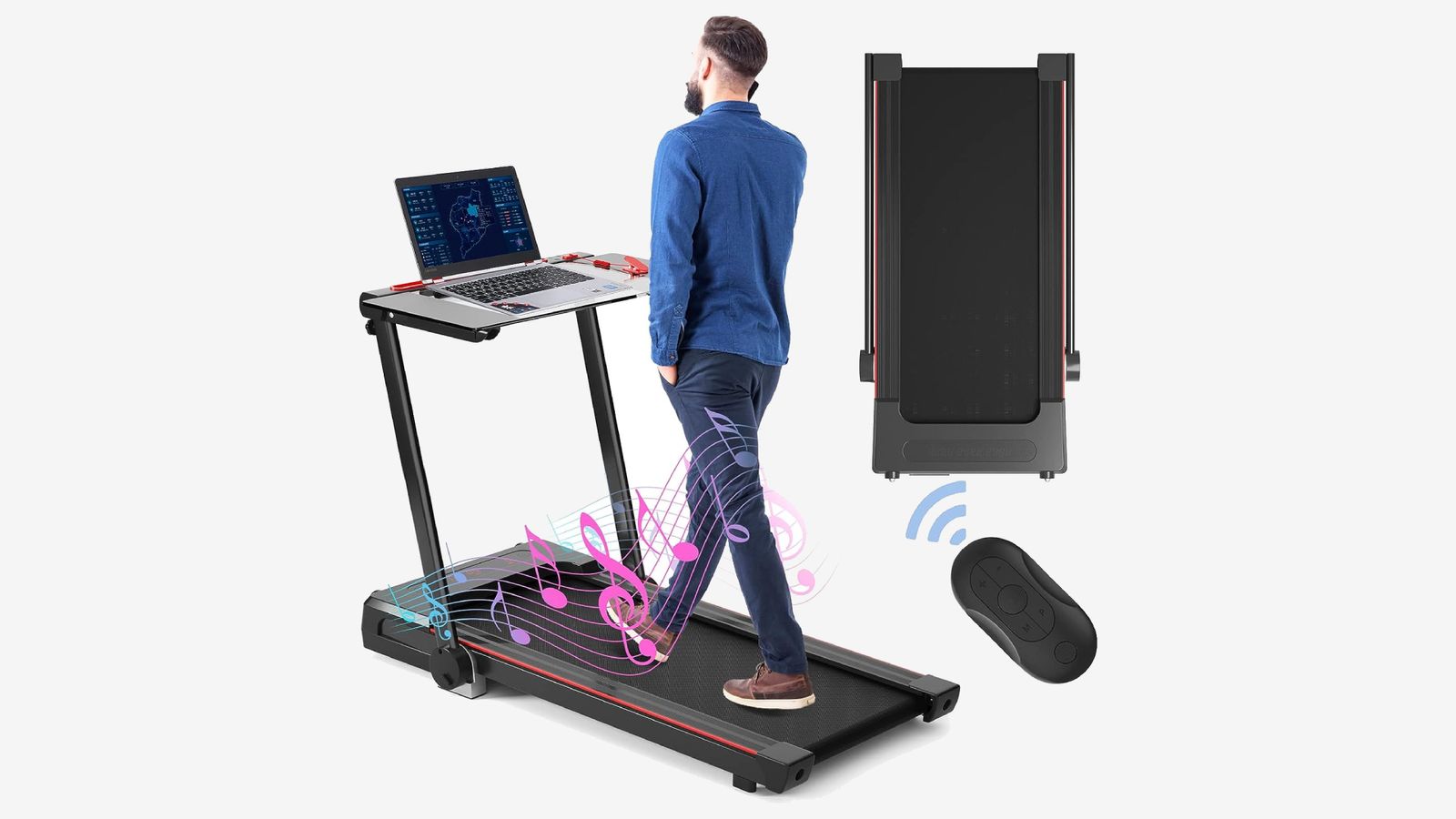 Gymax Treadmill with Desk product image of someone wearing a blue shirt and jeans walking on a black treadmill with red details.
