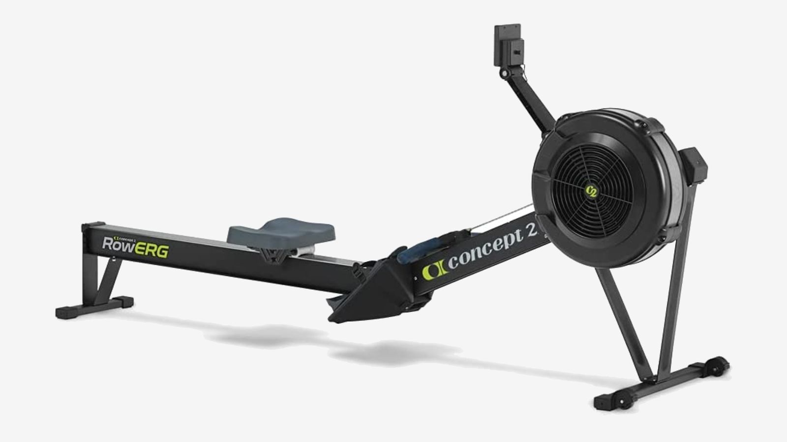 Concept2 RowErg product image of a black fan-driven rowing machine featuring white and yellow branding.