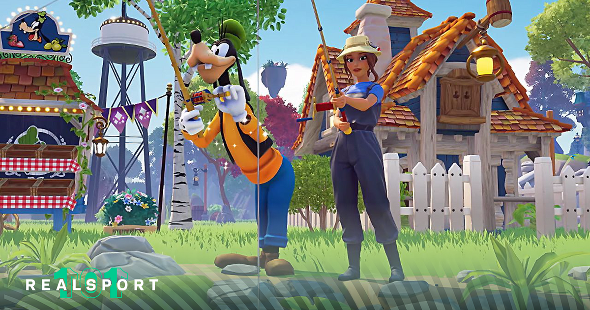 goofy and the player character fishing in disney dreamlight valley