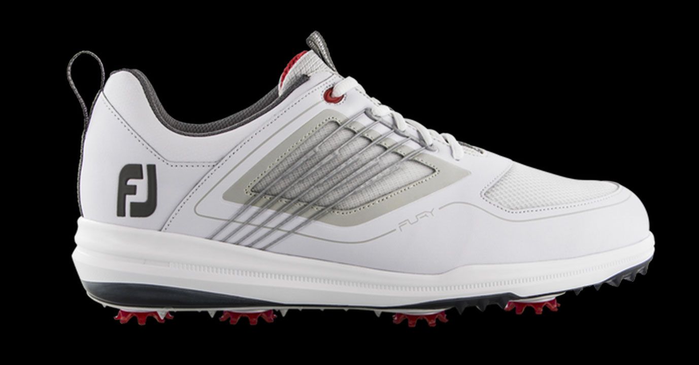 FootJoy Fury product image of a white golf shoe with spikes as well as red and black details.