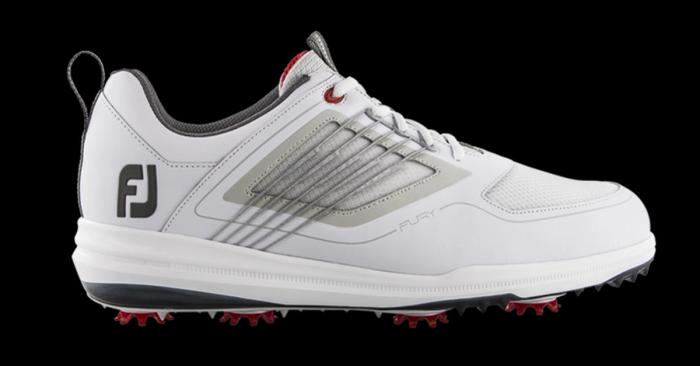 Best golf shoes under 100 FootJoy product image of a pair of white, grey, and red golf shoes.