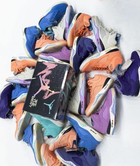 DJ Khaled x Air Jordan 5 "We The Best" product image of a collection of pastel coloured sneakers.