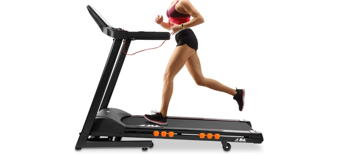 best treadmill JLL product image of a black machine with a woman running on it.