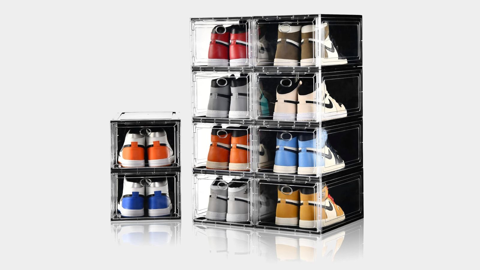 Amllas Stackable Shoe Boxes product image of a set of clear and black shoe boxes with multicoloured trainers inside.