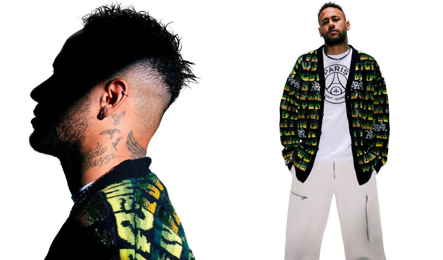 Paris Saint-Germain x GOAT People of Paris collection image of Neymar wearing a white PSG tee and a black, green, and yellow knitted jumper.