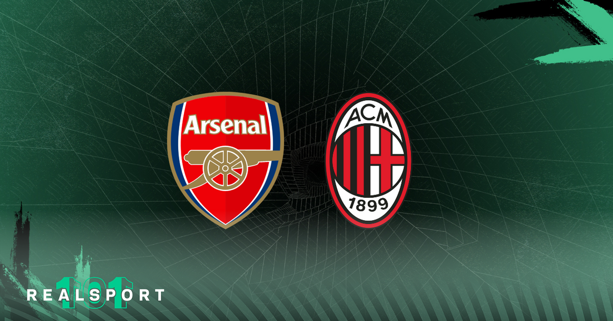 Arsenal and AC Milan badges with green background