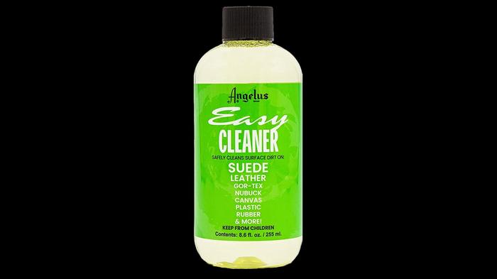 Best leather cleaner for shoes - Angelus Easy Cleaner product image of a clear bottle with green labelling.
