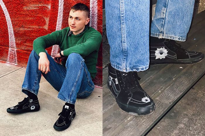 Supreme x Vans Nate Lowman Skate Grosso Mid product image of a black pair of sneakers with bullet hole graphics.