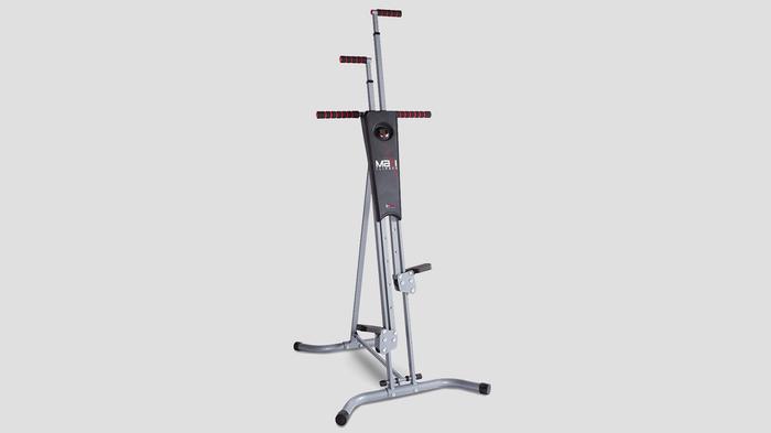 Best exercise machine for weight loss MaxiClimber product image of a grey vertical climber machine with black and red details.