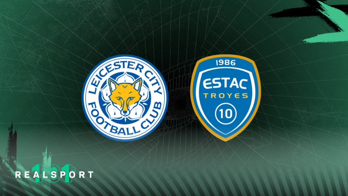 Leicester City and ESTAC Troyes badges with green background