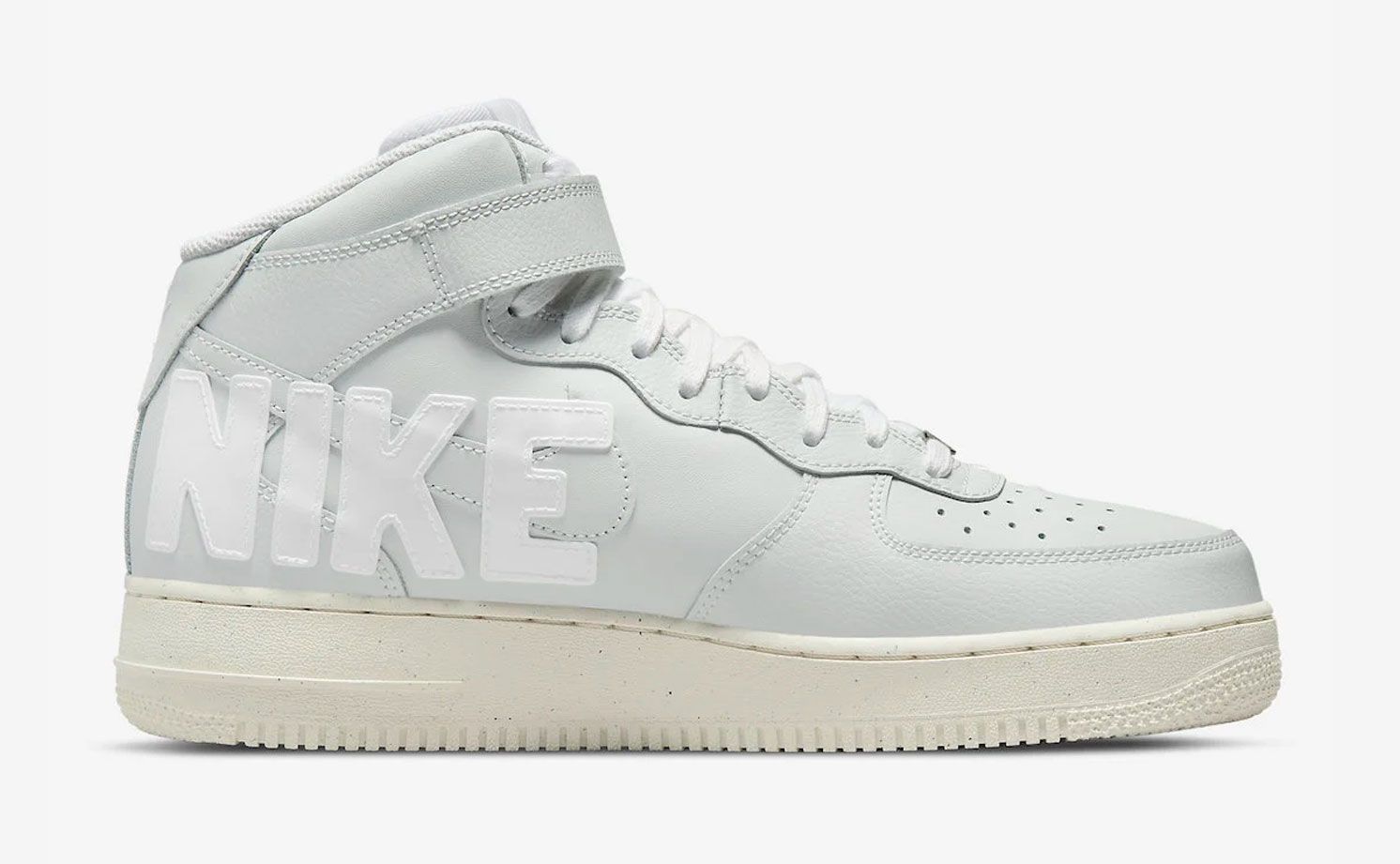 Nike Air Force 1 Mid "Copy Paste" product image of a grey mid-top with white Nike overlays and an off-white midsole.
