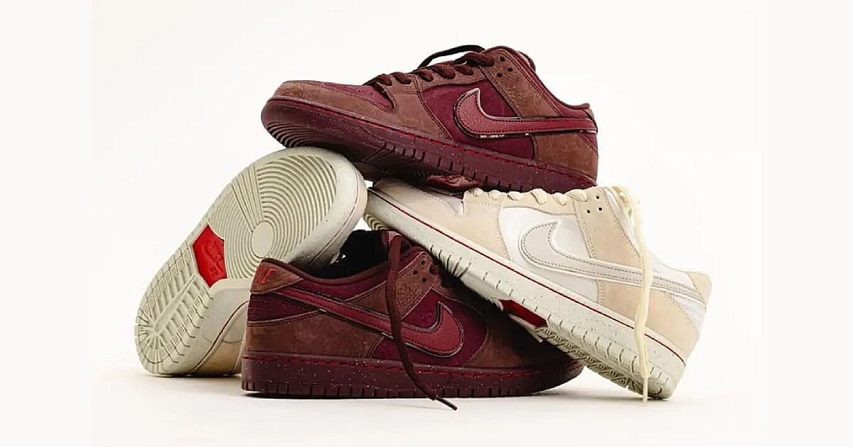 A pile of Nike SB Dunk Lows, featuring two coconut-coloured shoes and two dark red sneakers.