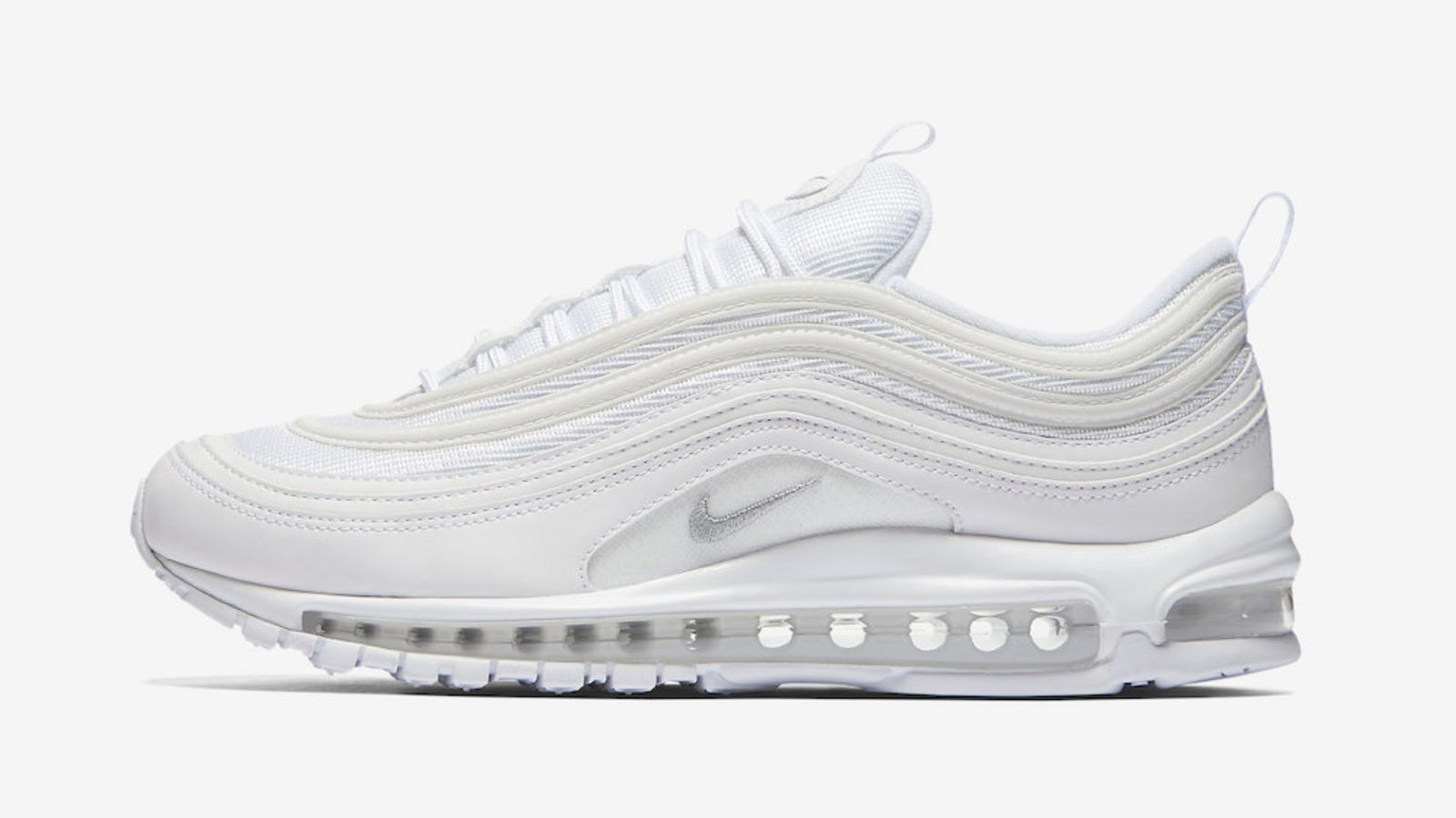 Nike Air Max 97 "Triple White" product image of an all-white low-top with touches of grey details.