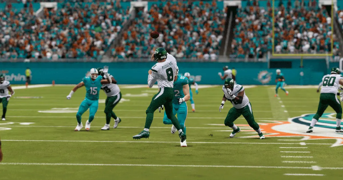 Aaron Rodgers throws a jump pass in Madden 24
