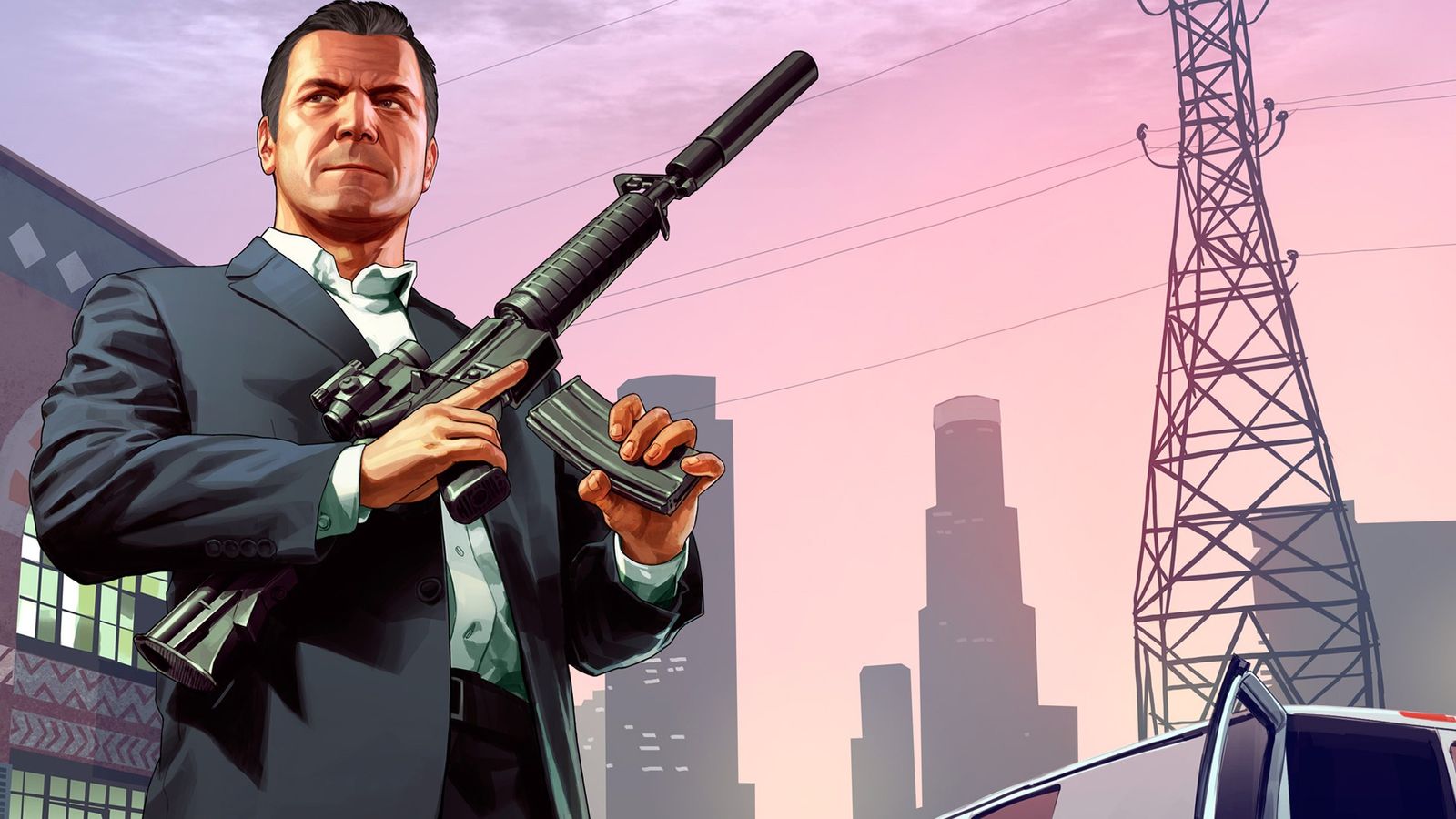 A promotional image for GTA 5 featuring the character of Micheal.