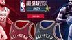 A red jersey with gold and navy trim on one side with LeBron, while the other features a dark blue jersey with gold and red trim. All of this sits underneath the All-Star 2024 logo.