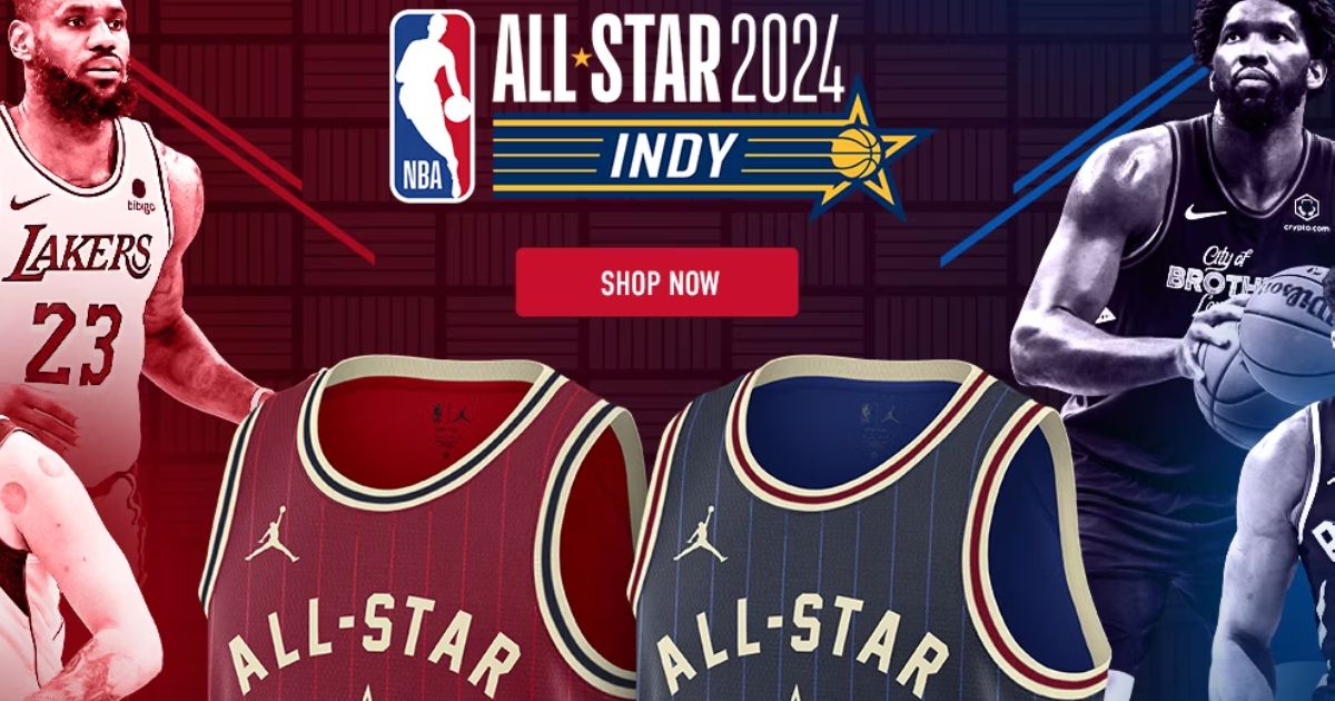 A red jersey with gold and navy trim on one side with LeBron, while the other features a dark blue jersey with gold and red trim. All of this sits underneath the All-Star 2024 logo.