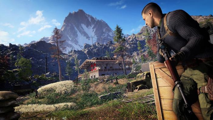 A promotional screenshot for the Sniper Elite 5 Mission "Wolf Mountain" which can be added to the mission list via DLC