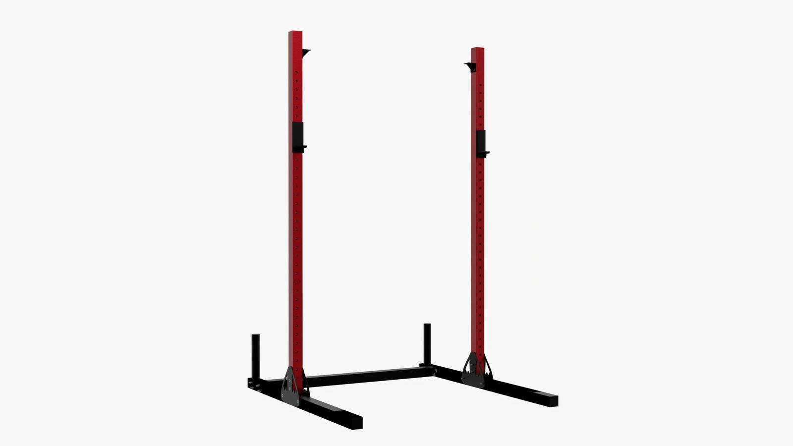 DMoose Squat Rack product image of a red squat rack with a black stand as the base.