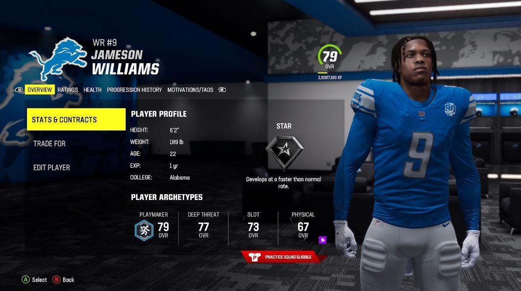 Jameson Williams' player card in Madden 24