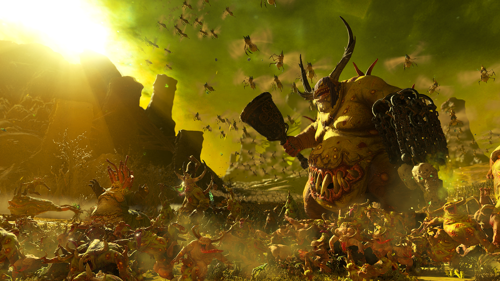 A battlefield in Total War: WARHAMMER III featuring the forces of the Daemon Prince Nurgle