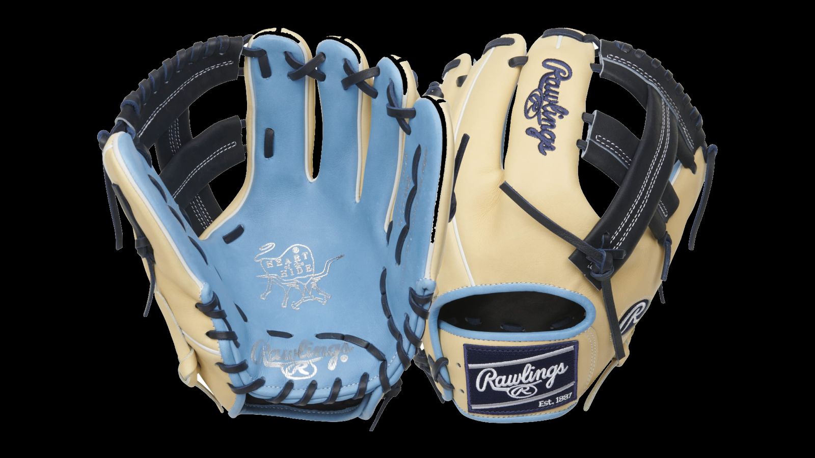 Rawlings Heart Of The Hide product image of a light cream and blue leather glove shot from the front and back.