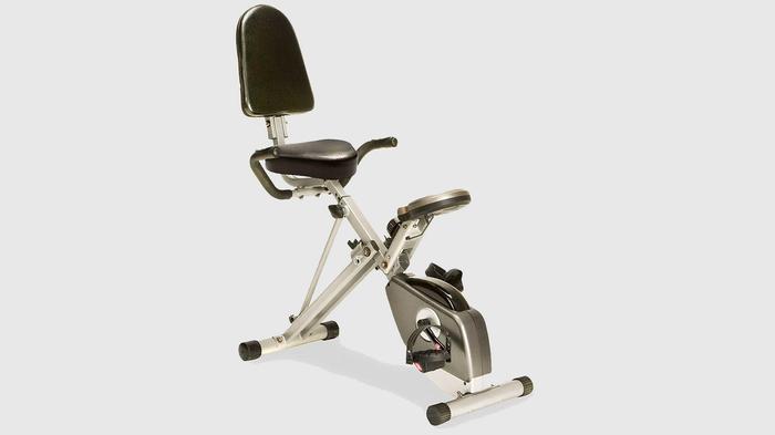 Best recumbent bike Exerpeutic product image of a grey-framed bike with the pedals lower, giving you a more upright position.