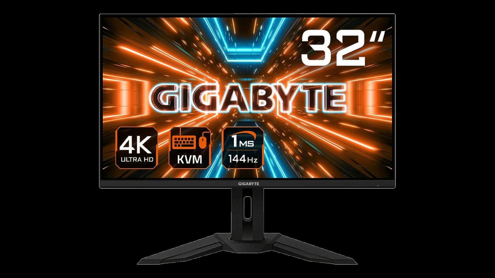 Gigabyte M32U product image of a black monitor with Gigabyte branding surrounded by orange and blue lights on the display.