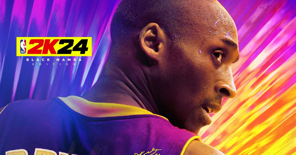 Kobe Bryant in a purple Lakers jersey next to the NBA 2K24 Black Mamba Edition logo.