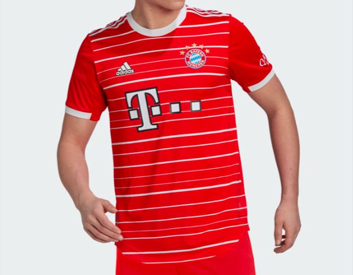 Bayern Munich Home Kit 2022/23 product image of a red shirt with white stripes made by adidas.