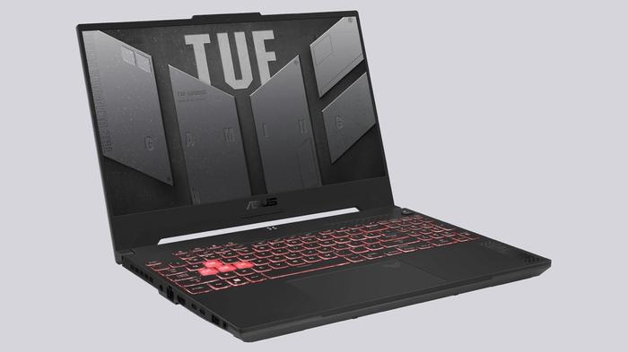 Best laptop for Football Manager - ASUS product image of a black laptop with red-coloured backlit keys.