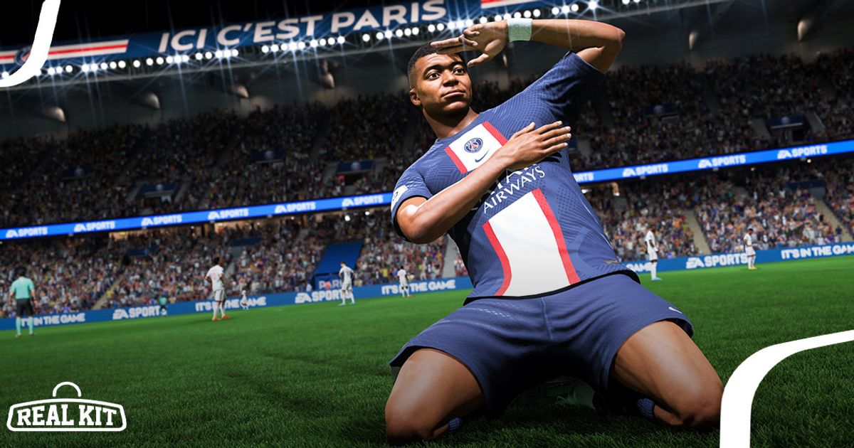 In-game FIFA 23 image of Mbappe wearing a blue, red, and white PSG strip celebrating with a knee slide.