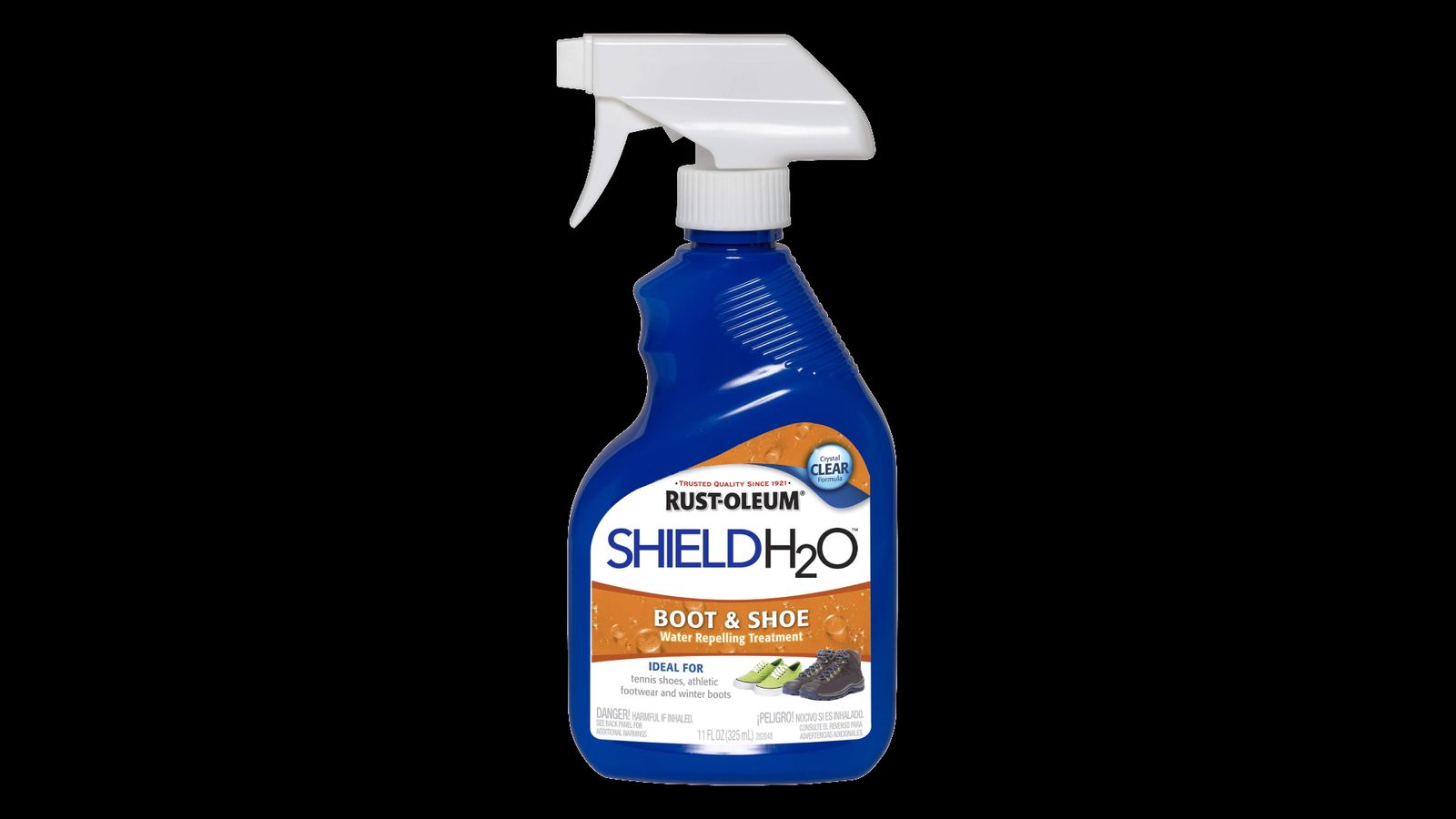 Rust-Oleum Shield H2O product image of a blue bottle with a white spray lid and orange branding.
