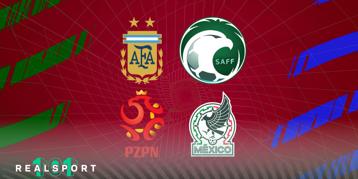 Argentina, Poland, Mexico and Saudi Arabia football badges with red background