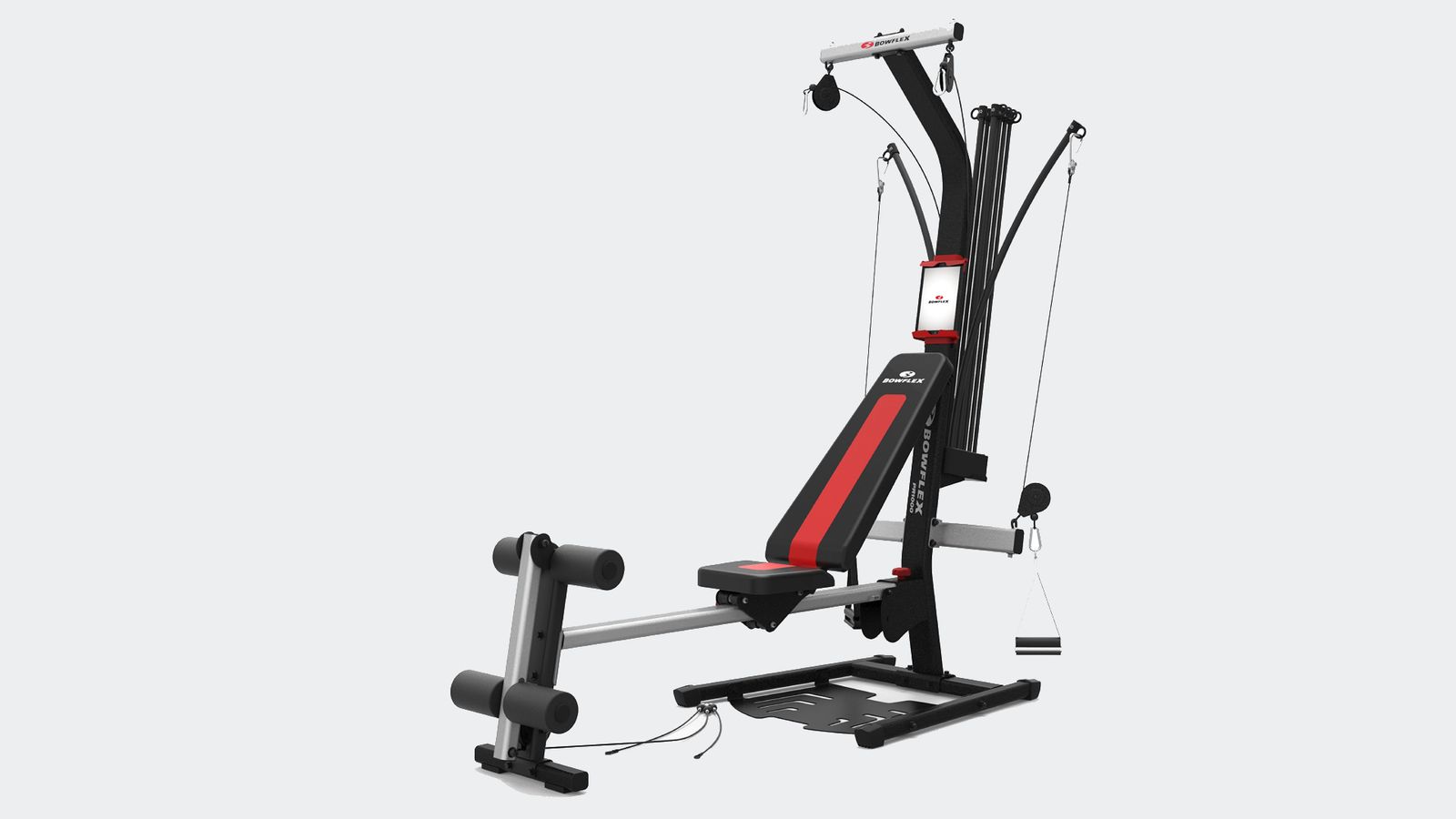 Bowflex PR1000 product image of a black and red multi gym with multiple cables.