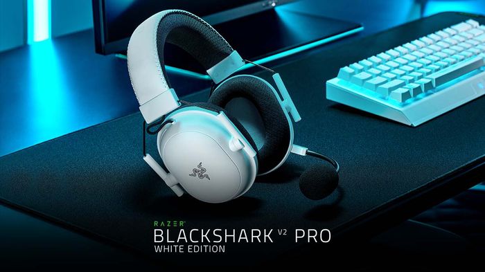 Best Black Friday headset deals Razer product image of a white Blackshark headset on a desk.