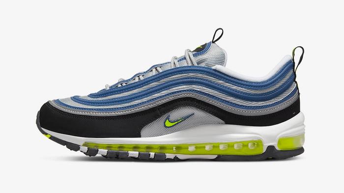 Best sneakers for winter Nike Air Max 97 product image of an Atlantic Blue and grey striped sneaker with a black mudguard and Voltage Yellow accents.