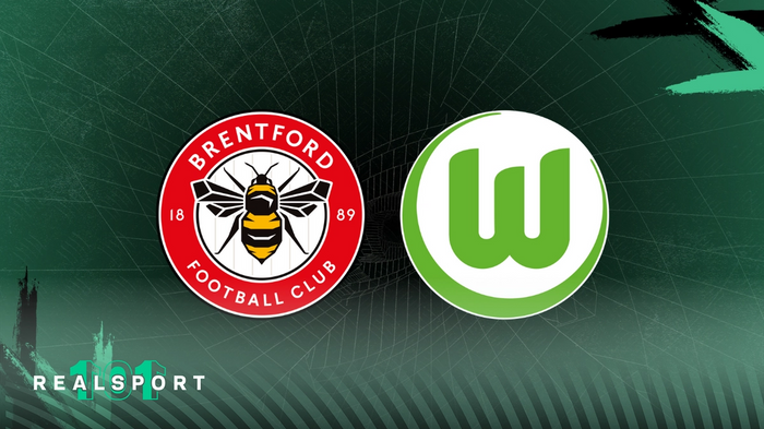 Brentford and Wolfsburg badges with green background