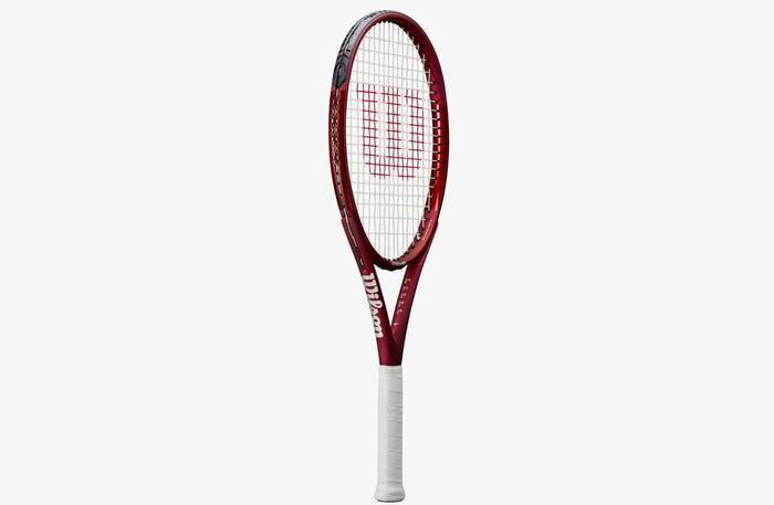 Best tennis racquet Wilson product image of a red racquet with black details and a white grip.
