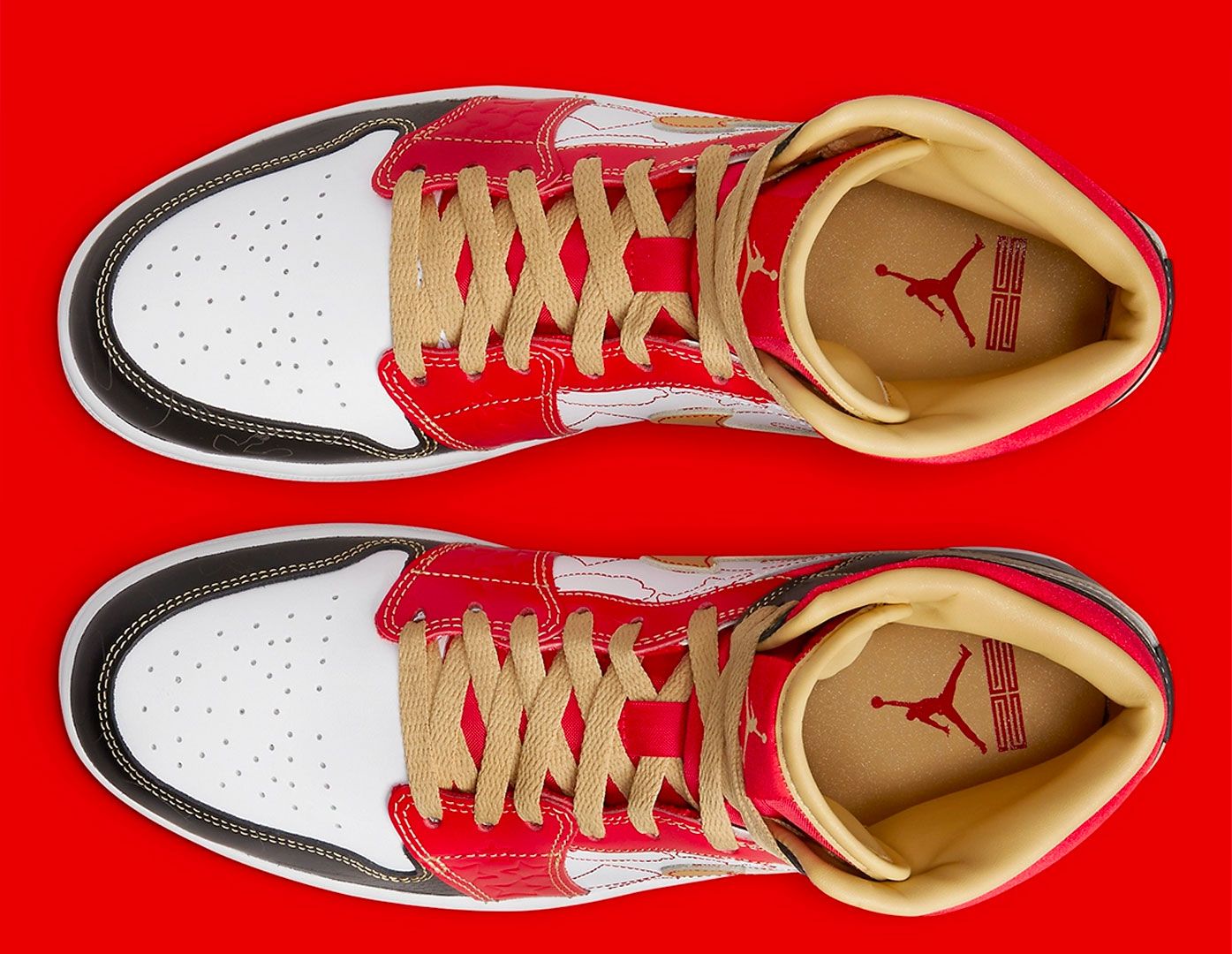 Air Jordan 1 Mid XQ product image of a pair of white, red, and black sneakers with gold accents.