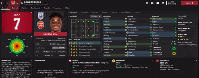 Bukayo Saka's Football Manager 2023 attributes page at the start of a new game