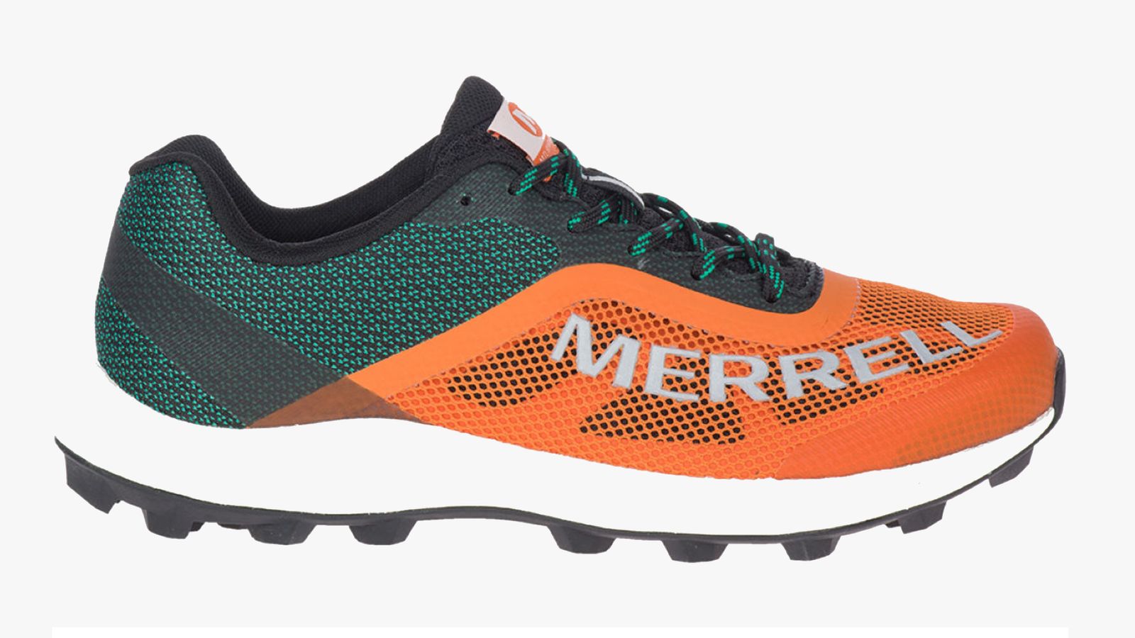 Merrell MTL Skyfire product image of a bright orange and green shoe.