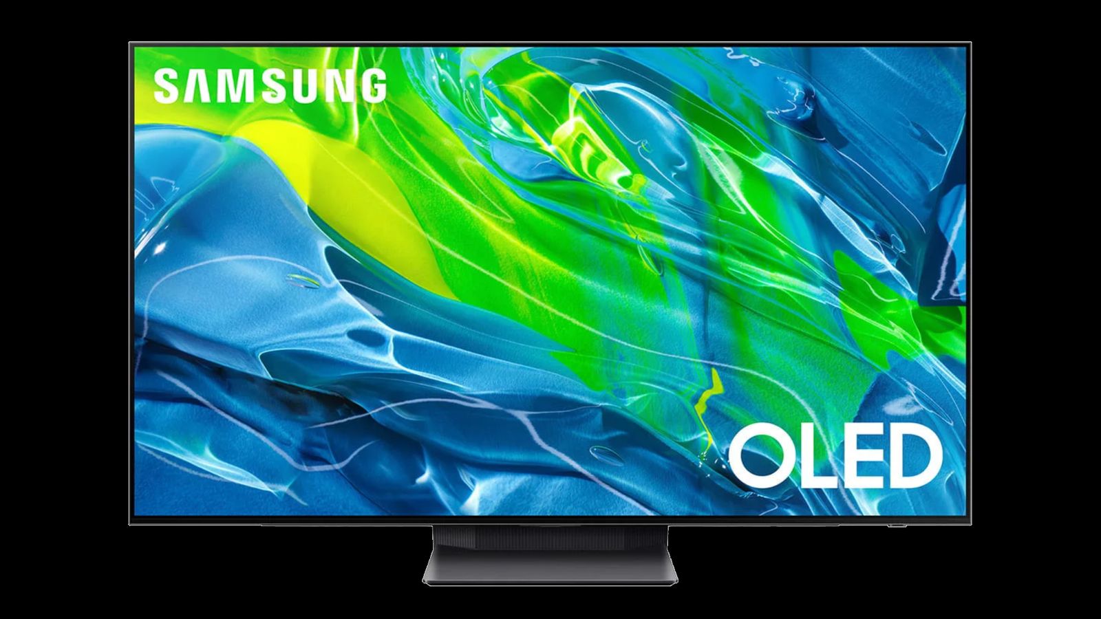 Samsung S95B product of a black near-frameless TV with a blue and green watery pattern on the display.