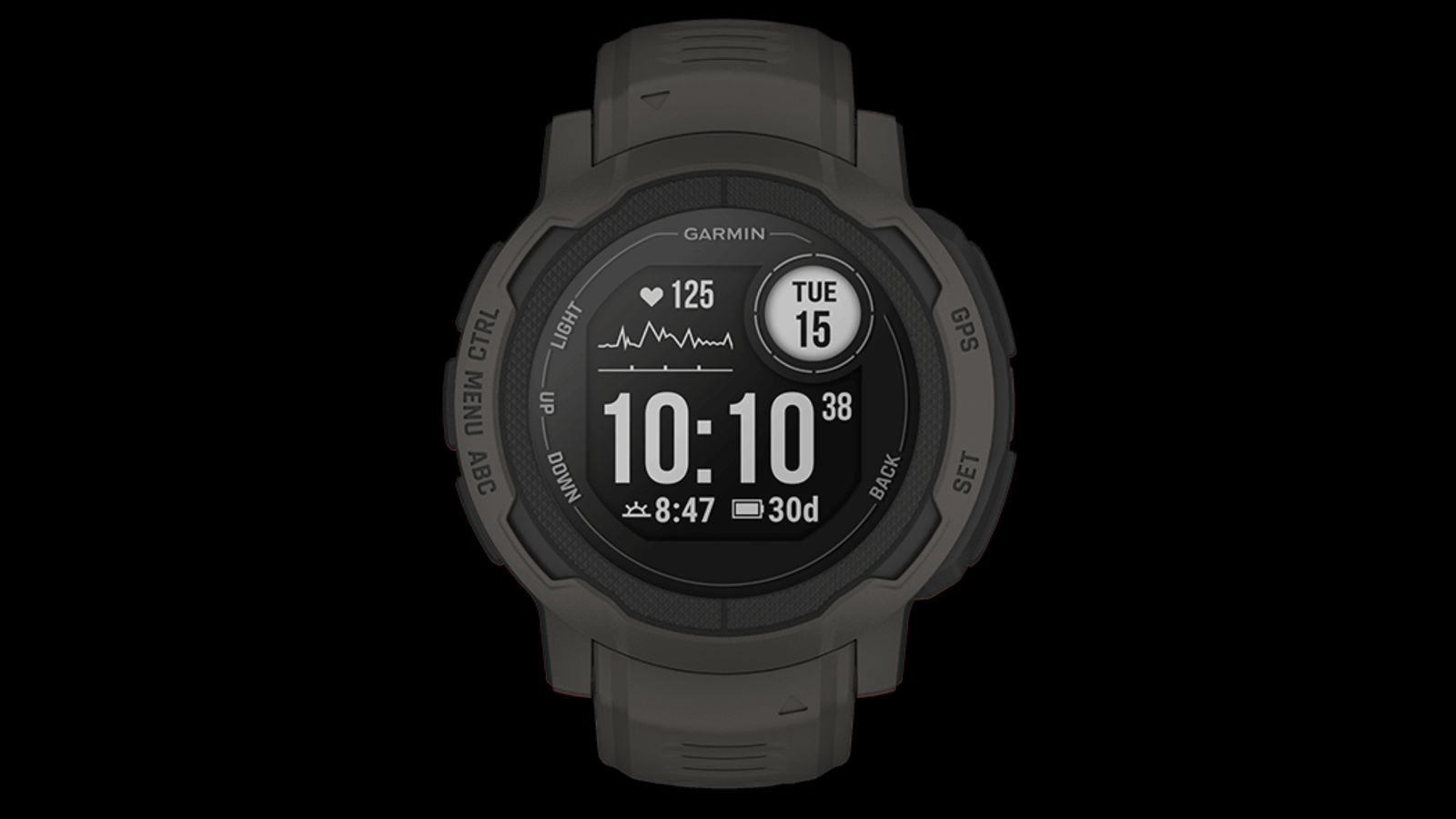 Garmin Instinct 2 Solar product image of a black smartwatch with the time 10:10 in grey on display next to the date Tue 15 and heart rate stats.