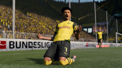 Jadon Sancho celebrates a goal for Borussia Dortmund in FIFA 20