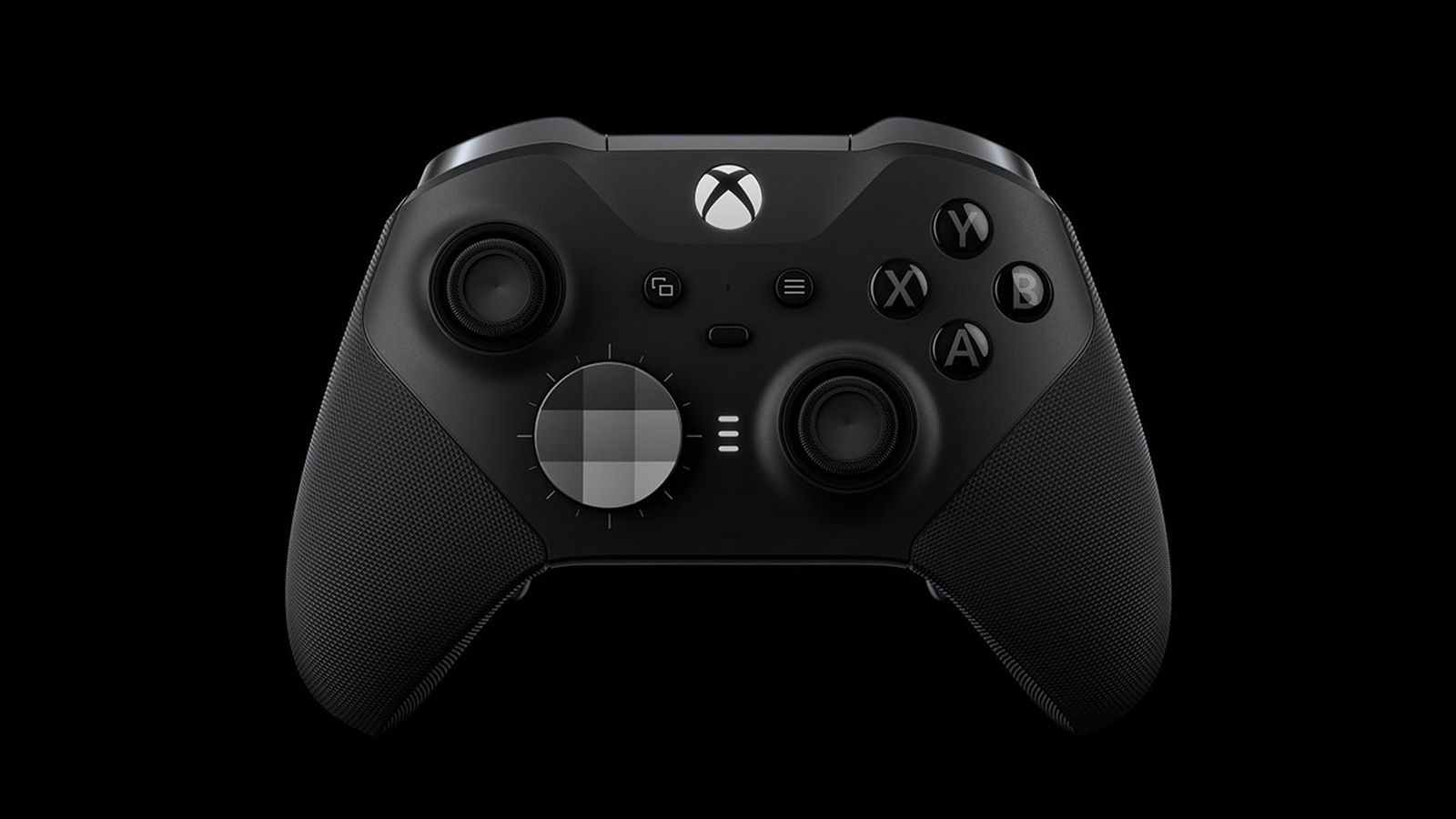 Xbox Elite Series 2 product image of a black Xbox controller featuring a white and light grey trackpad on the left side.