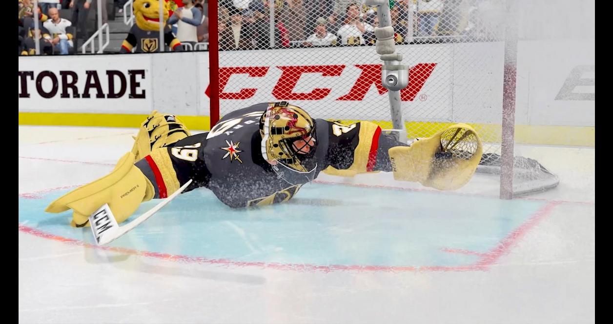 Golden Knight's goalie Marc Andre Fleury makes a spectacular save in NHL 22.