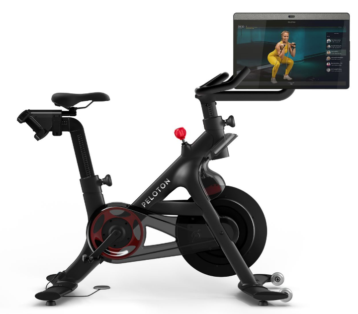 Best spin bike Peloton product image with belt drive system and rotating HD screen.